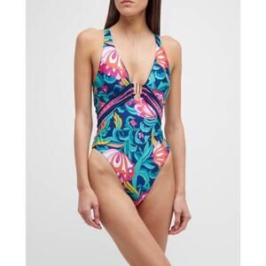 Trina Turk India Garden Plunge One Piece Swimsuit Womens Sz 14 *EUC Tropical